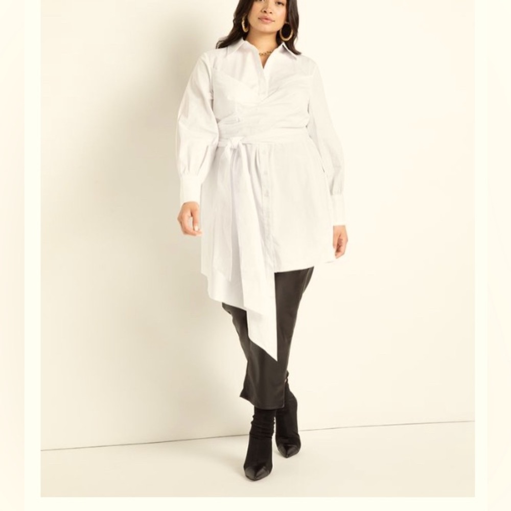 Eloquii Dramatic Wrap Front Shirtdress (White Asymmetrical Shirtdress)